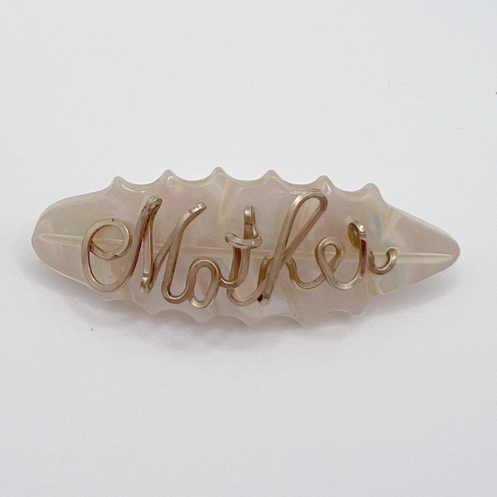 Vintage WWII Era Mother of Pearl Sweetheart Brooch Gold Tone Wire Script‎ Mother